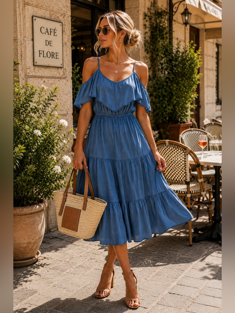 Old Navy Blue Cold-Shoulder Ruffled Tiered Midi Dress